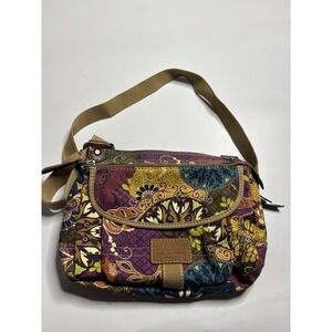Fossil Long Live Vintage Florals Canvas Leather Trim Purse Travel Bag Size 9x13"